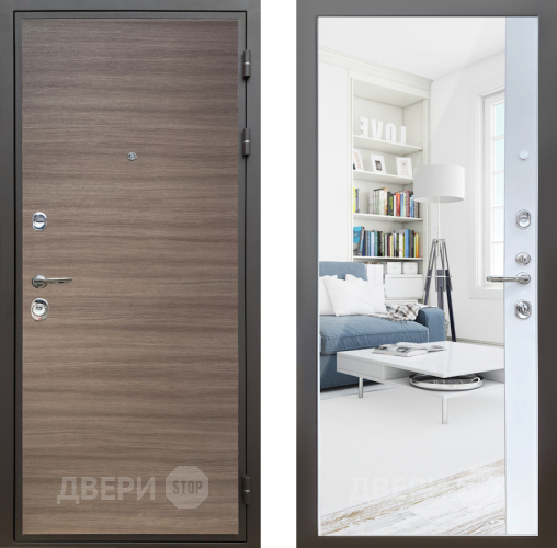 Входная металлическая Дверь Шелтер (SHELTER) Комфорт Дуб тоскано поперечный 14 с зеркалом Белый матовый в Котельниках