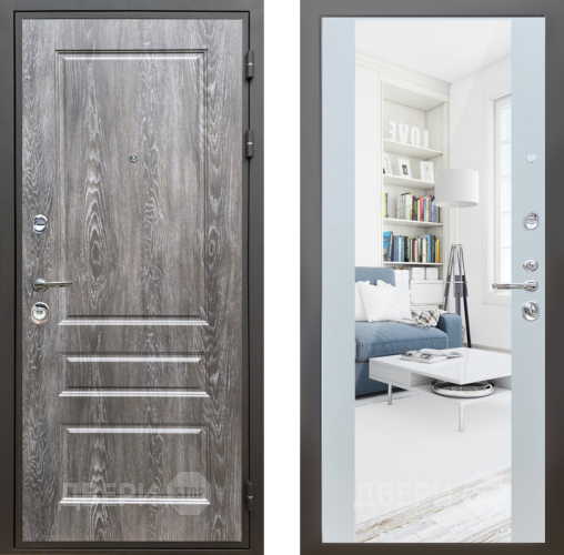 Входная металлическая Дверь Шелтер (SHELTER) Комфорт Дуб шале серебро 13 с зеркалом Белый матовый в Котельниках