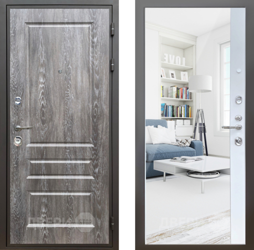 Входная металлическая Дверь Шелтер (SHELTER) Комфорт Дуб шале серебро 14 с зеркалом Белый матовый в Котельниках