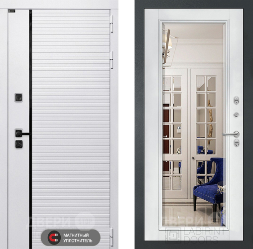 Входная металлическая Дверь Лабиринт (LABIRINT) Royal Зеркало Фацет с багетом Белый софт в Котельниках